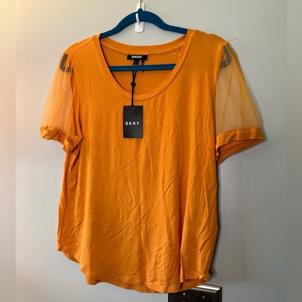 DKNY YELLOW MESH SLEEVE NWT SHORT SLEEVE TOP MEDIUM